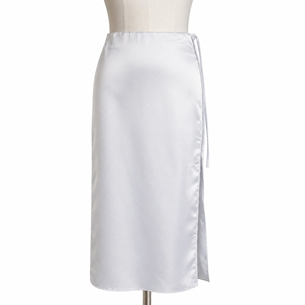 Emerson Lang Women's Satin Maxi Skirt L White Silver Side Slit Drawstring Tie...